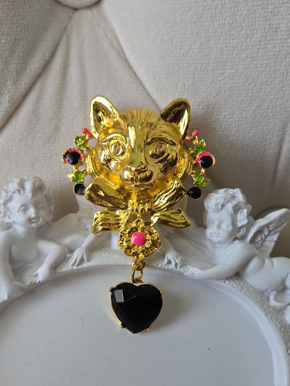 Victorian Cat Brooch In Gold W/ Black Heart Drop & Pink & Green Accents, NWT
